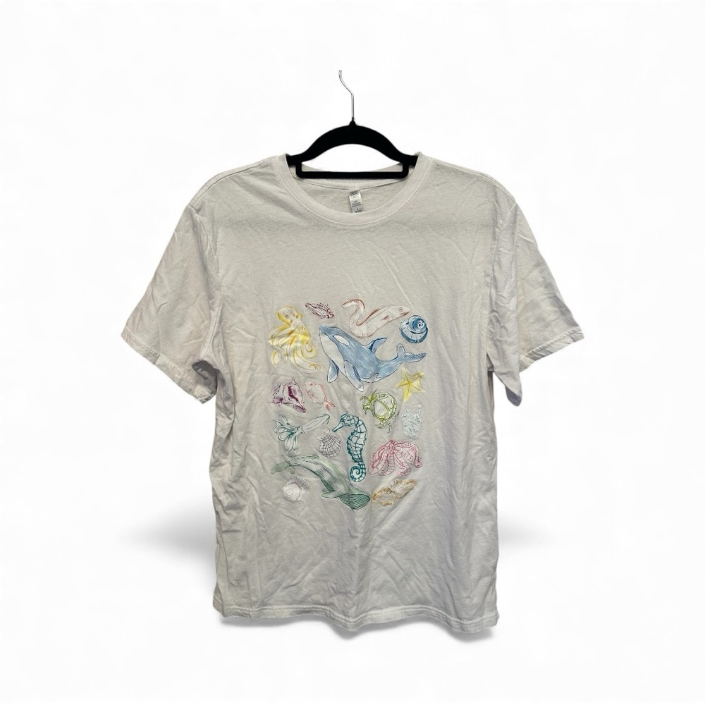 Colorful Sea Creature Art Graphic White Women's Tee Size Large